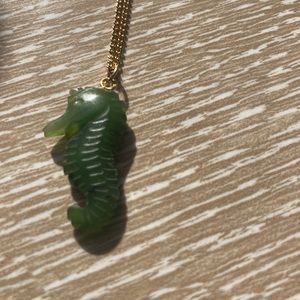 Real jade seahorse pendant on gold colored chain - NOS